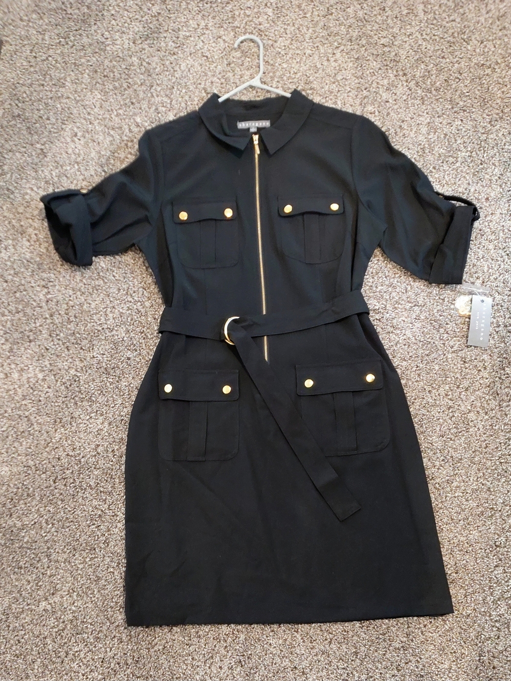 NWT Sharagano Black Midi Dress with Gold Hardware Size 14